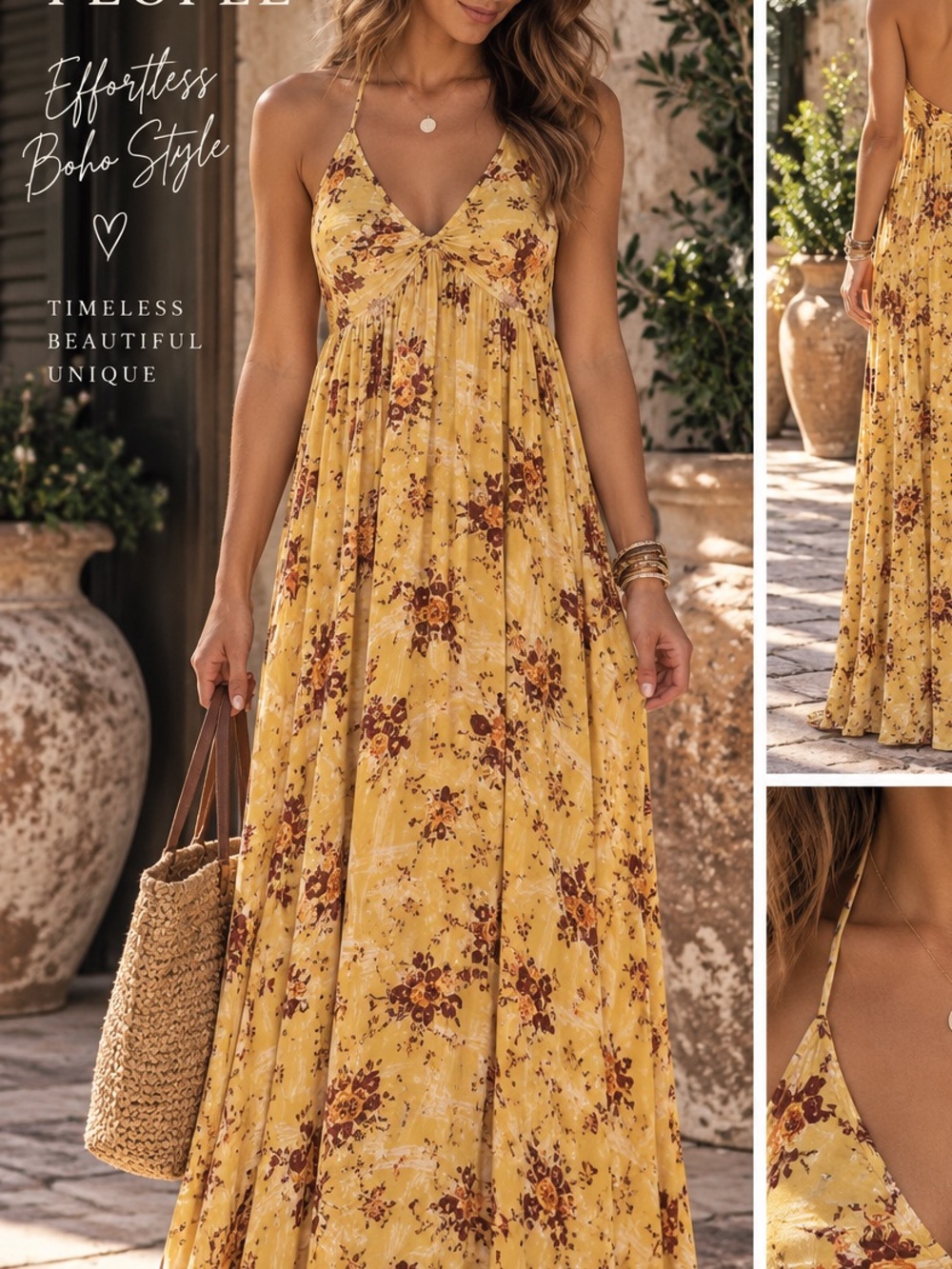 Free People Yellow Floral Maxi Dress with V-Neck and Tie Straps